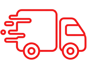 Red outline of a delivery truck with speed lines on a white background