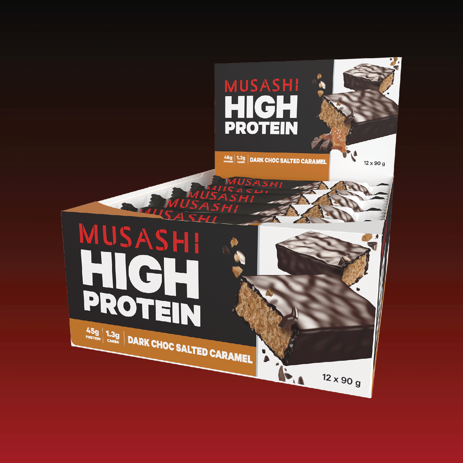 Musashi Protein Bar Dark Chocolate & Salted Caramel High Protein Bar 90g (Box of 12 Bars)