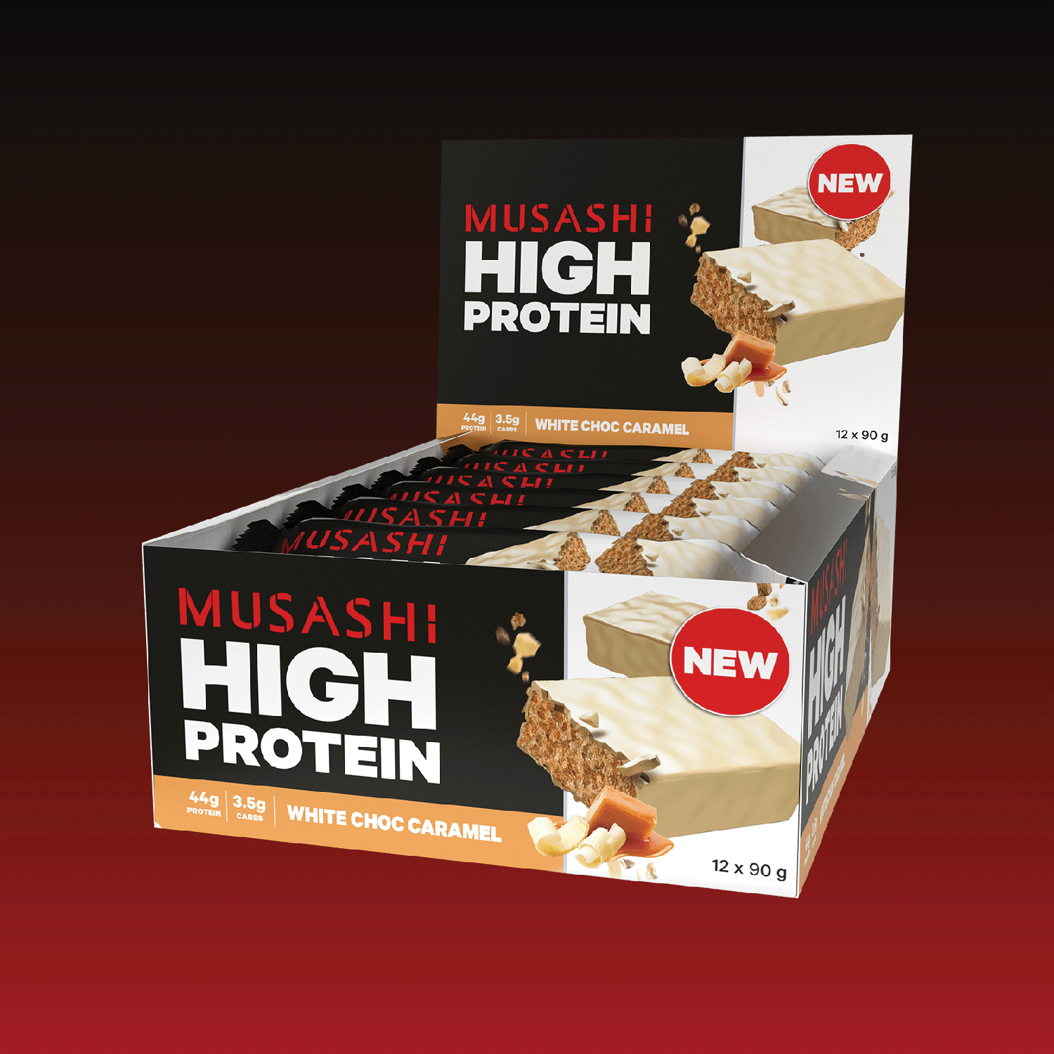 Musashi Protein Bar White Choc Caramel High Protein Bar 90g (Box of 12 Bars)