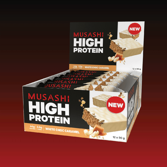 Musashi Protein Bar White Choc Caramel High Protein Bar 90g (Box of 12 Bars)