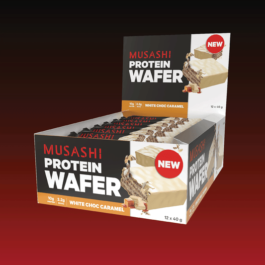 Musashi Protein Bar White Choc Caramel Protein Wafer Bar 40G (Box of 12 Bars)